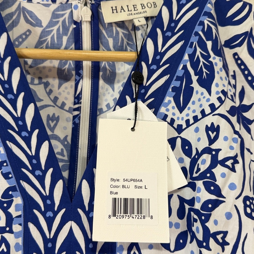 HALE BOB Galilea Poplin Blue & White Floral V-Neck Midi Dress Size Large NWT - Picture 7 of 11